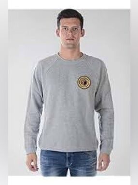 Versace Light Gray Crewneck Sweater with Gold Chest Emblem